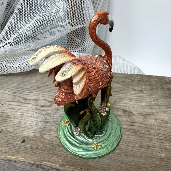 Vintage Enamel Flamingo Trinket Box With Rhinestones & Hinged Lid On Decorative - Picture 3 of 8